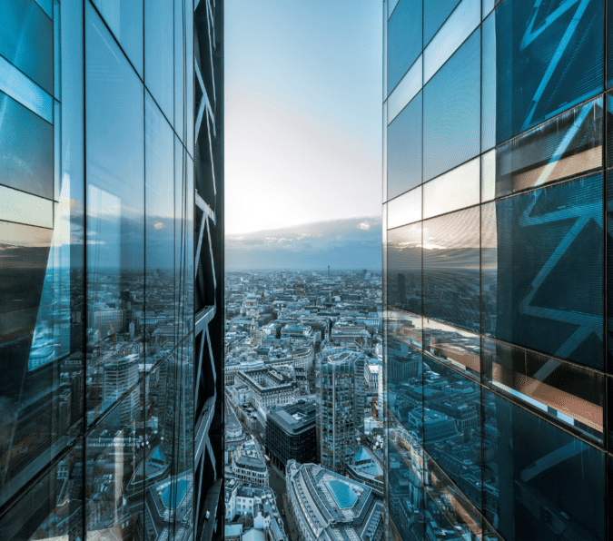 Aerial shot of Paris between office buildings